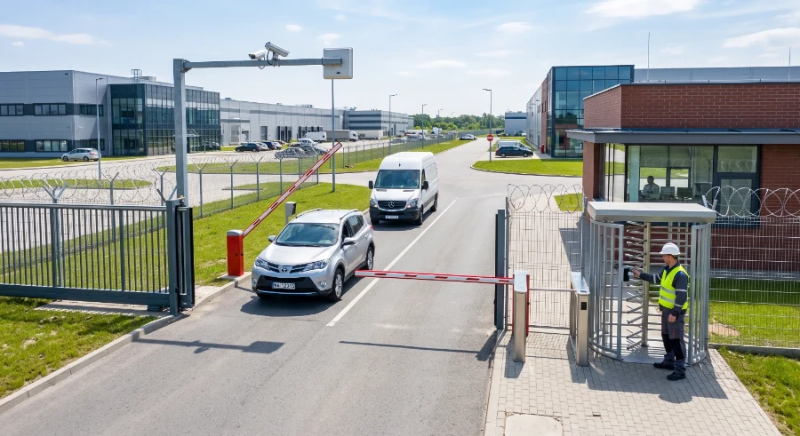 Szlaban i kołowrót z kontrolą dostępu przy wjeździe na teren centrum logistycznego
