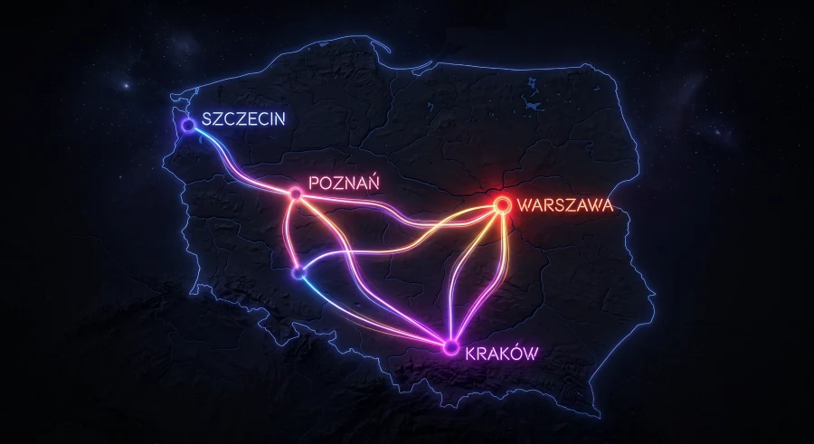 Mapa Polski z połączeniami między oddziałami w Szczecinie, Poznaniu, Warszawie i Krakowie