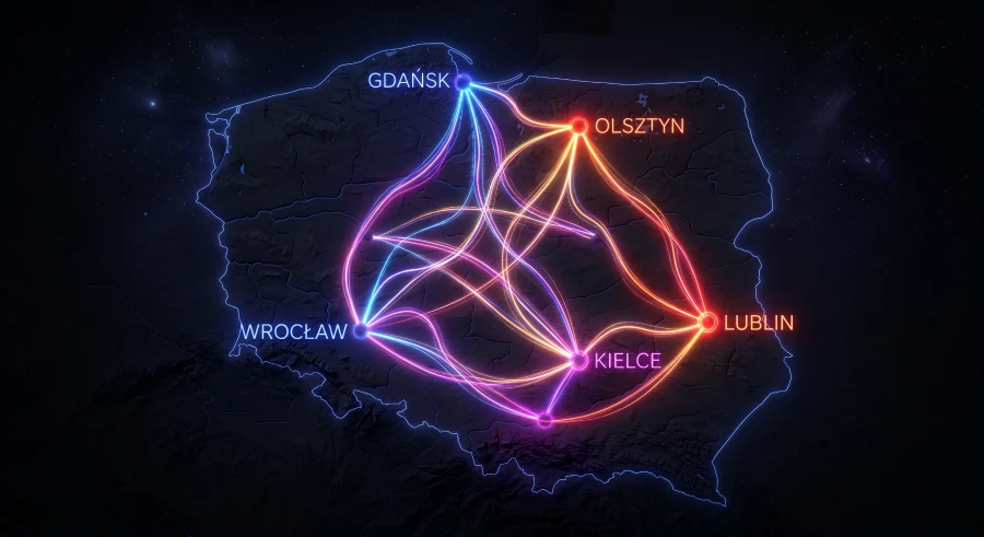 Mapa Polski z siecią połączeń między oddziałami w Gdańsku, Olsztynie, Wrocławiu, Kielcach i Lublinie